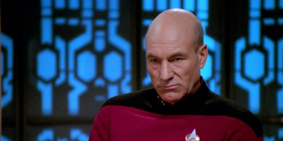 Picard on his chair looking pensive in Star Trek Next Generation.