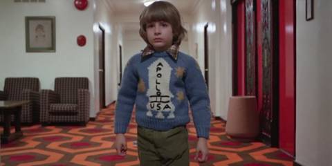 Danny Lloyd as Danny Torrance wearing an Apollo 11 sweater in Stanley Kubrick's film adaptation of Stephen King's The Shining