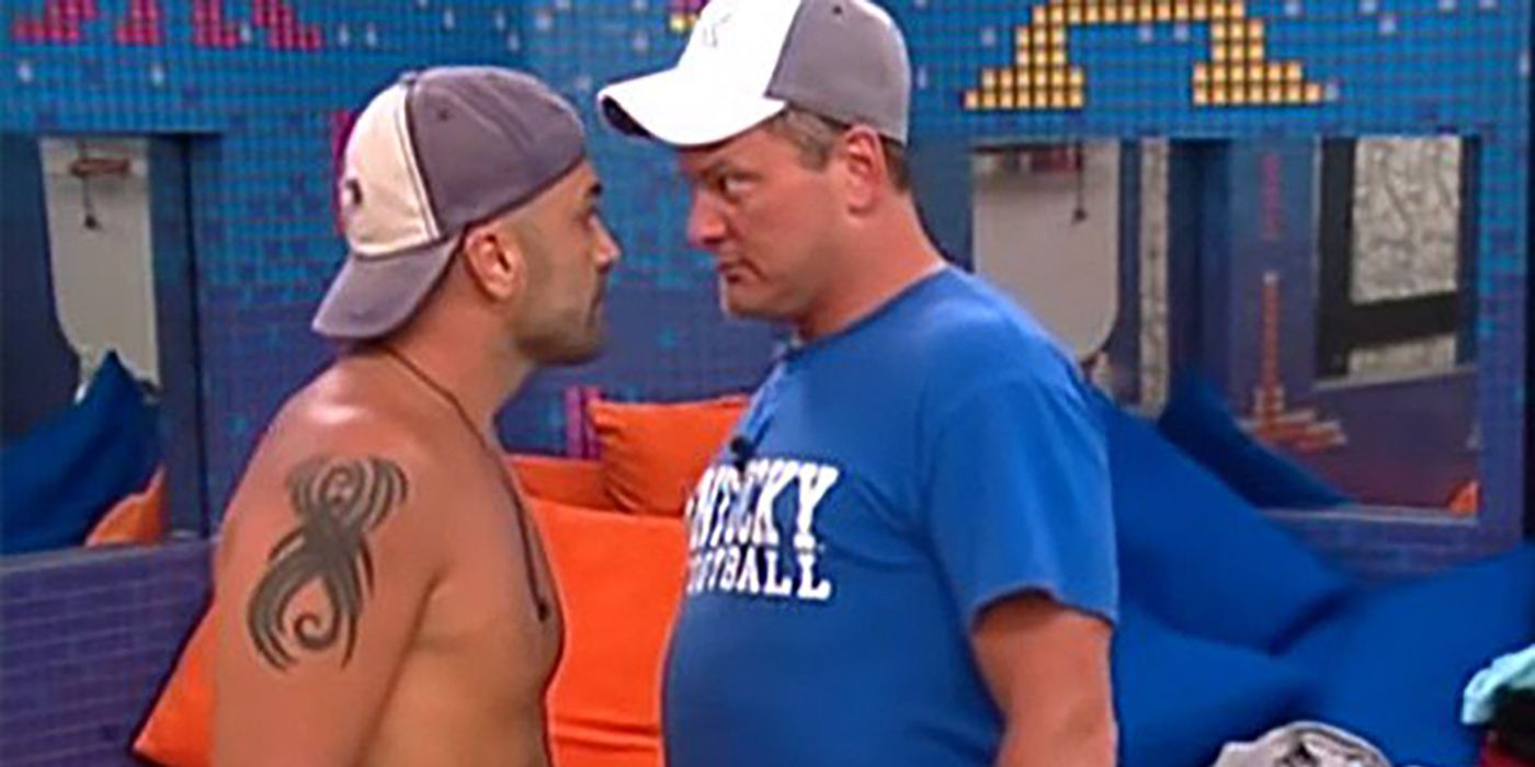 Willie in a confrontation with another player on Big Brother, standing face to face.