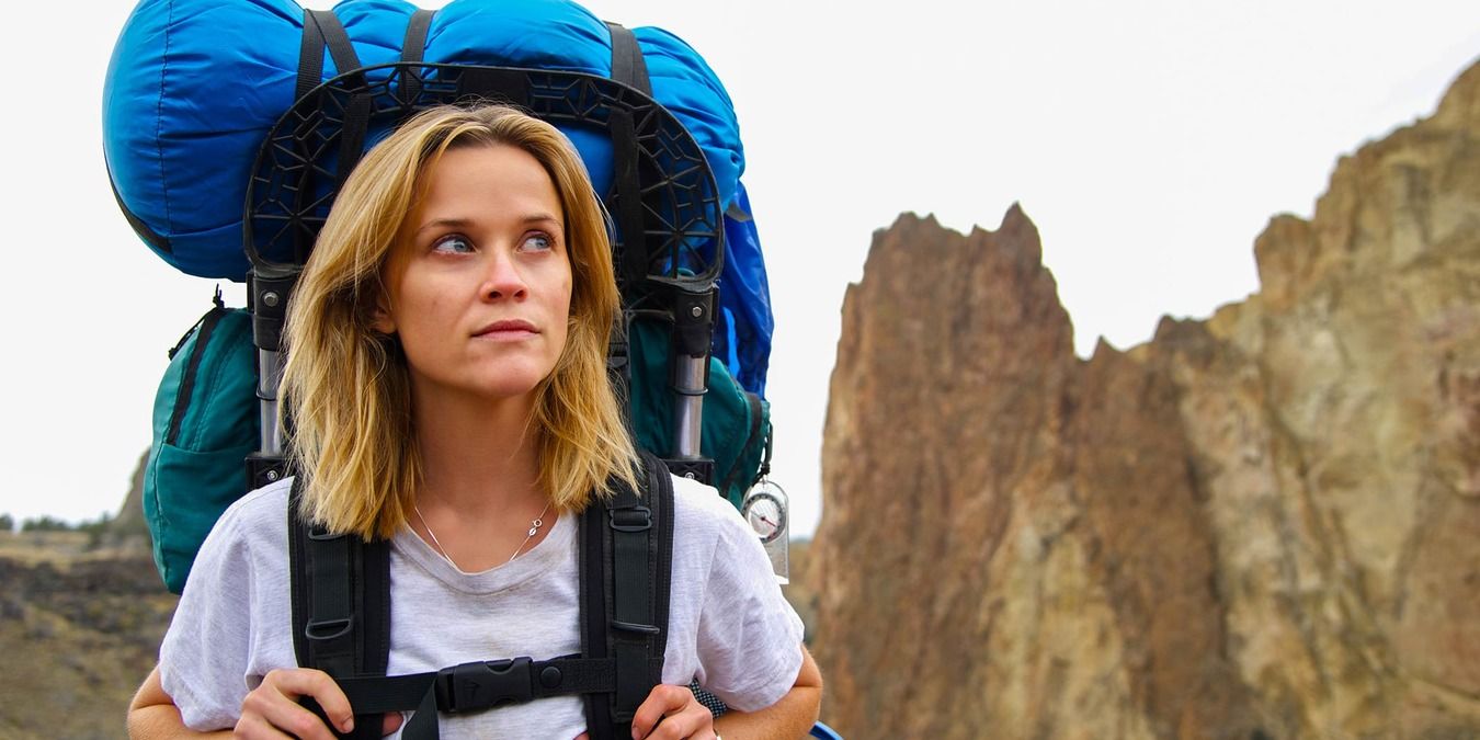 Reese Witherspoon with backpack on hiking in Wild