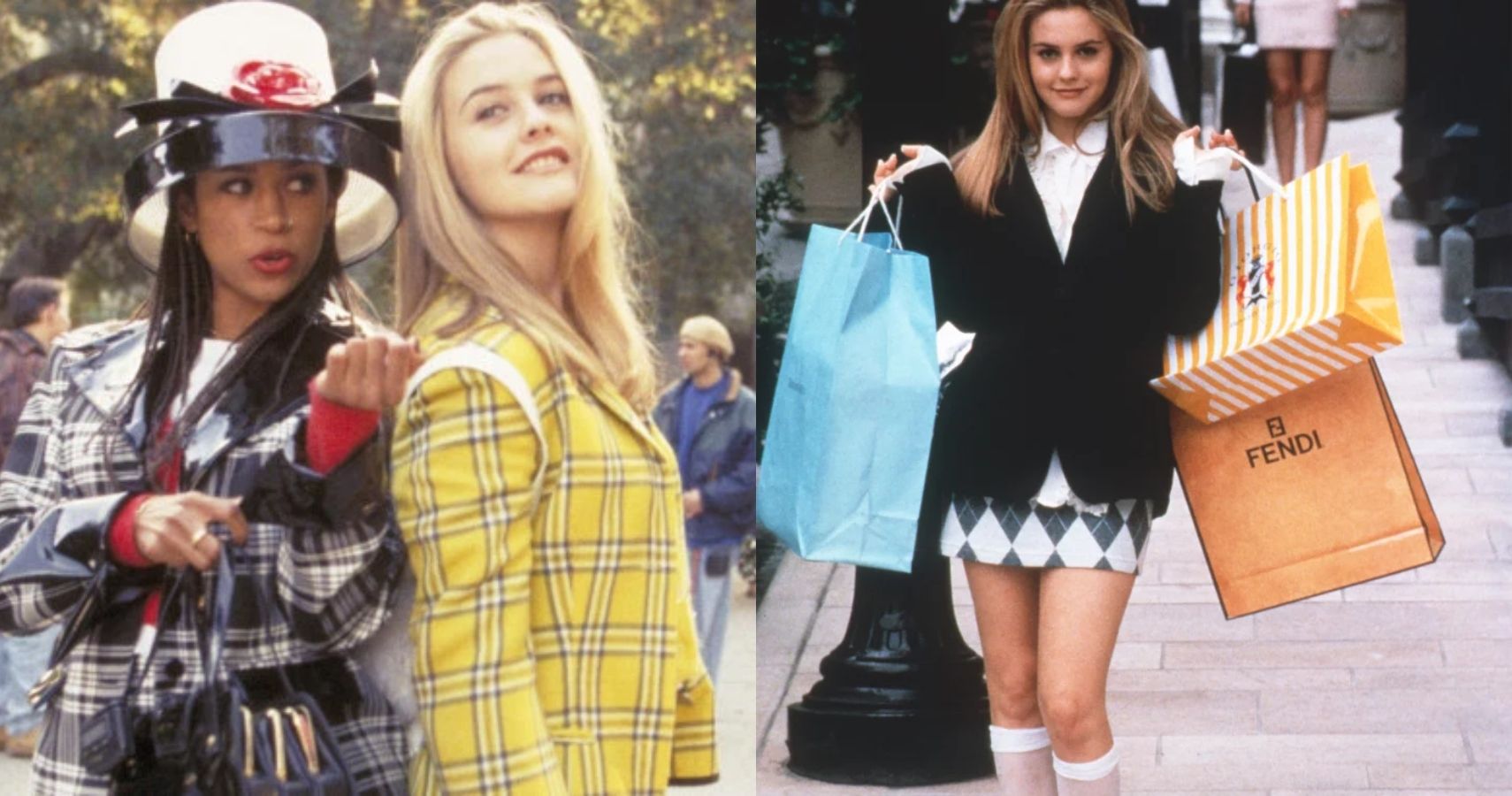 A split image features Dionne and Cher in their plaid suits and Cher shopping in Clueless