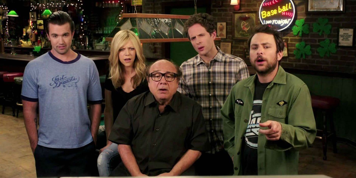 The gang look at something offscreen in Paddy's Pub in It's Always Sunny in Philadelphia.