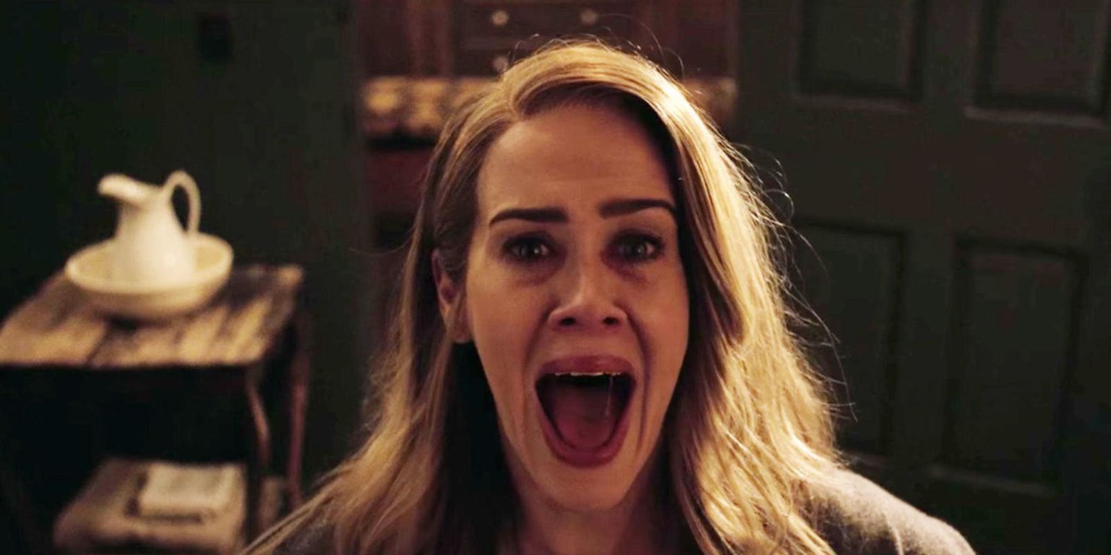 Audrey screaming at the camera in American Horror Story Roanoke.