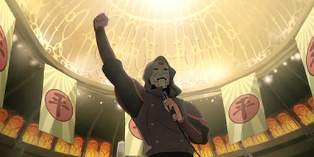 Amon raises his hand while speaking on a microphone in Legend of Korra