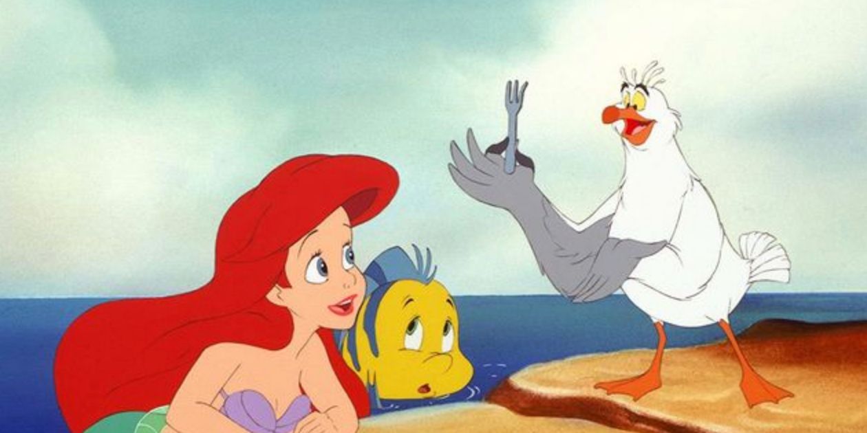 Ariel and Flounder talk with Scuttle in The Little Mermaid