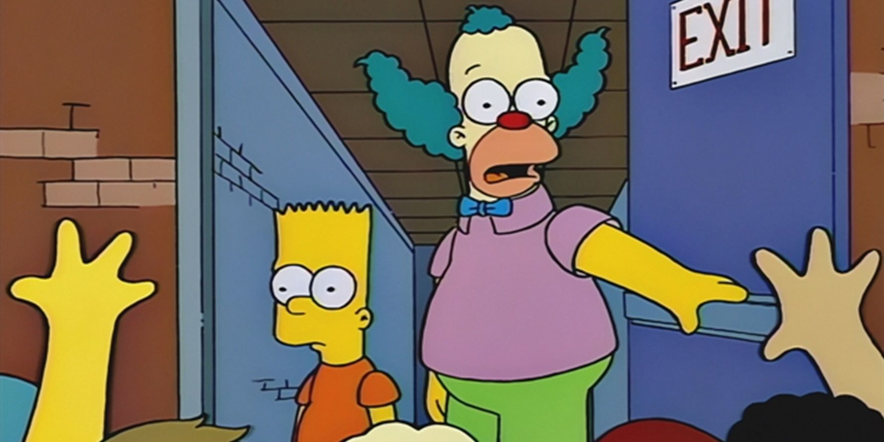 Bart and Krusty in The Simpsons coming out of door in The Simpsons