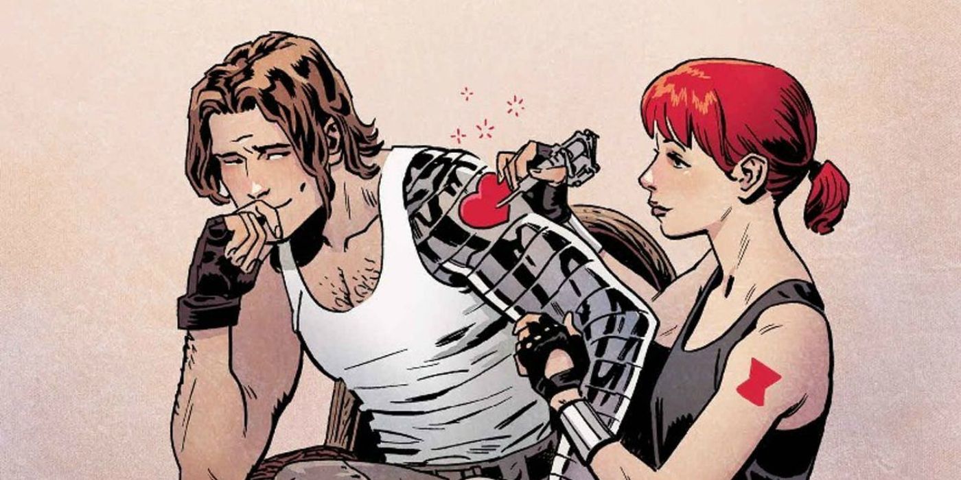 Black Widow draws a tattoo o Bucky's arm in the comics