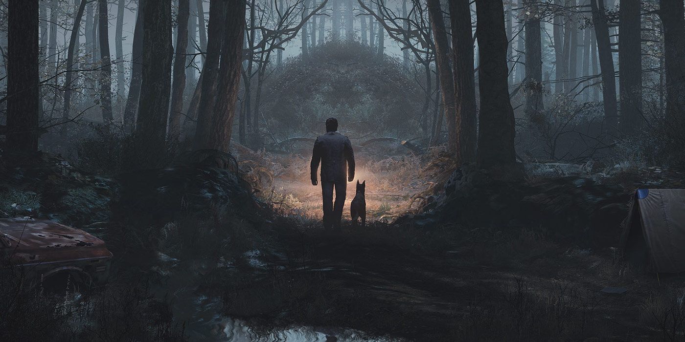 A man and a dog in an empty forest in Blair Witch video game