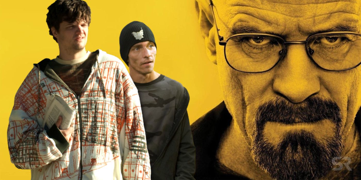 Badger and Skinny Pete in front of yellow background next to a close-up of Walt/Heisenberg