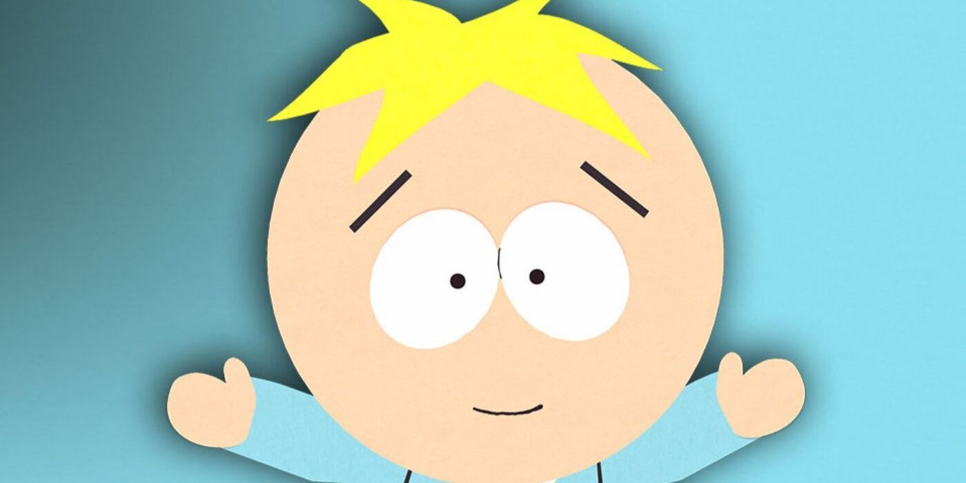Butters Stotch with his arms spread and smiling in South Park