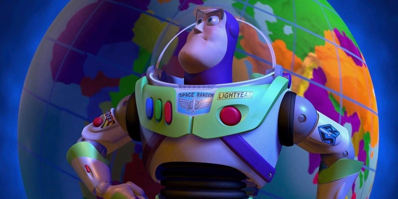 Buzz Lightyear standing in front of backdrop of the globe in Toy Story 2