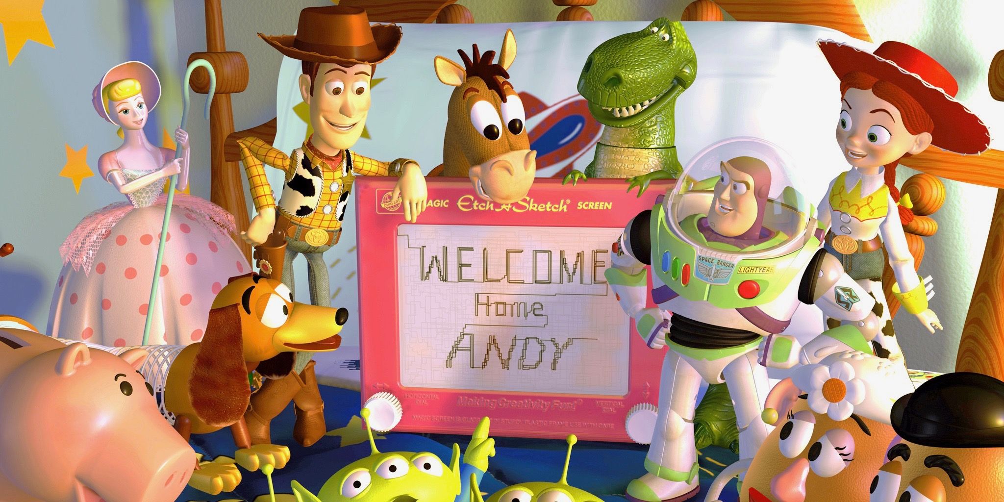 Buzz, Woody, Jessie, Rex, Bullseye, Slunky, Bo Peep and Ham in Toy Story 2