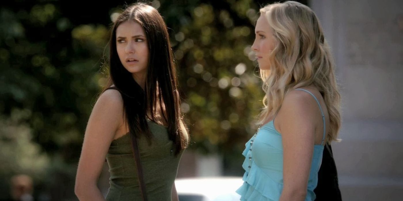 Caroline and Elena standing together in The Vampire Diaries