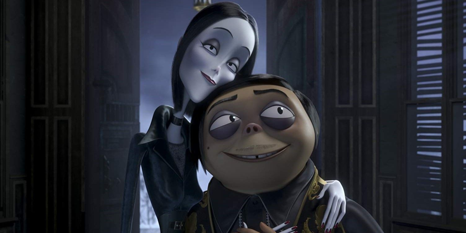 An image of Gomez and Morticia hugging in The Addams Family animated movie