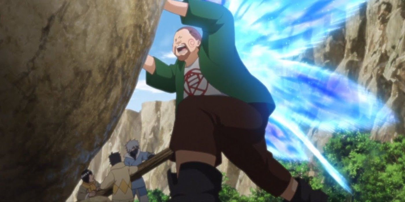 Choji uses his butterfly wings and moves a bolder in Boruto