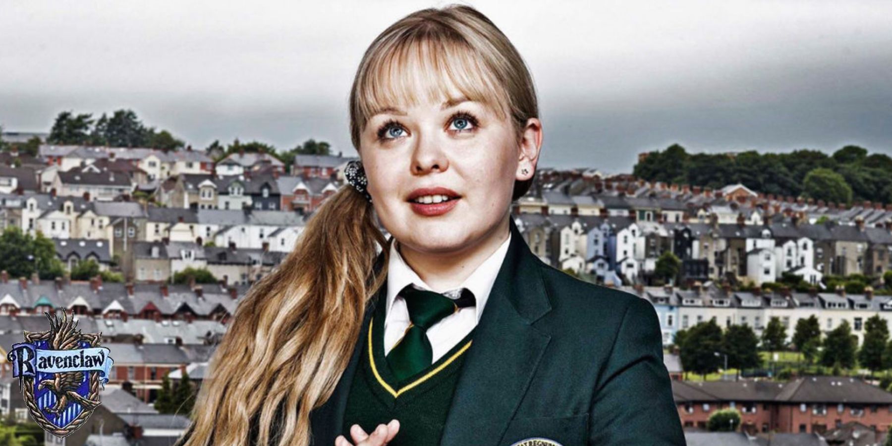 Claire in Derry Girls with a Hogwarts Ravenclaw house crest in the lower left corner