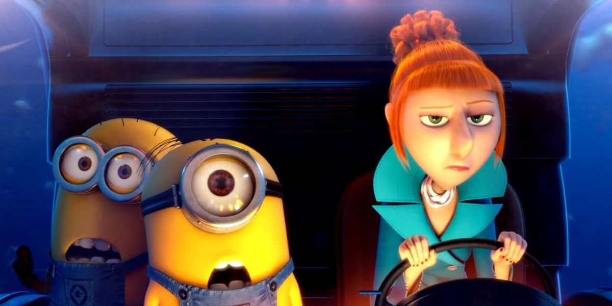 Lucy drives with two Minions sitting next to her in Despicable Me 2