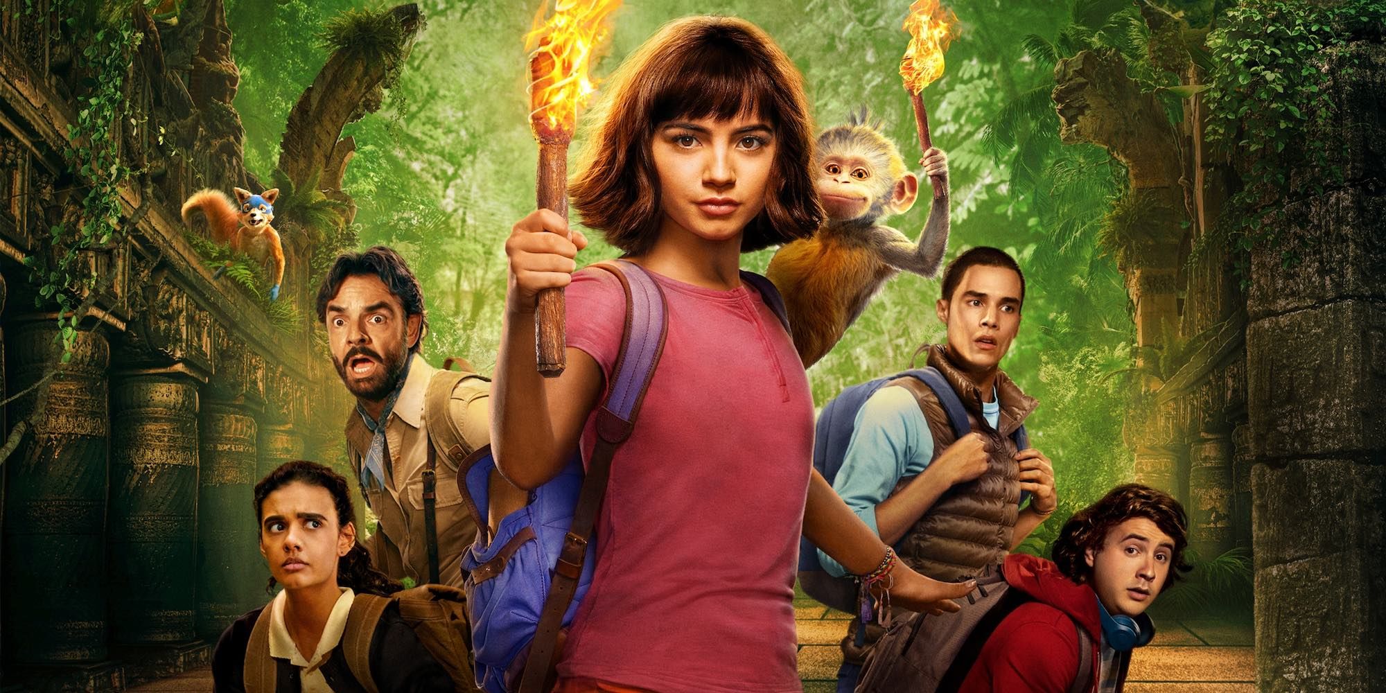 A promotional image featuring the cast of Dora and the Lost City of Gold