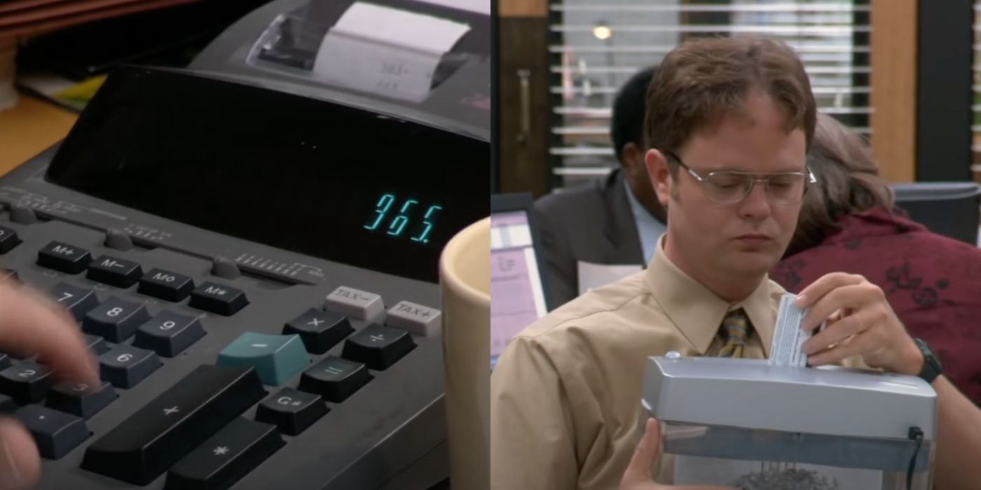 Dwight shredding a card and using a calculator in the intro of The Office