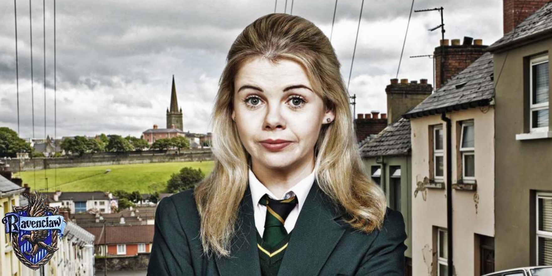 Erin in Derry Girls with a Hogwarts Ravenclaw house crest in the lower left corner