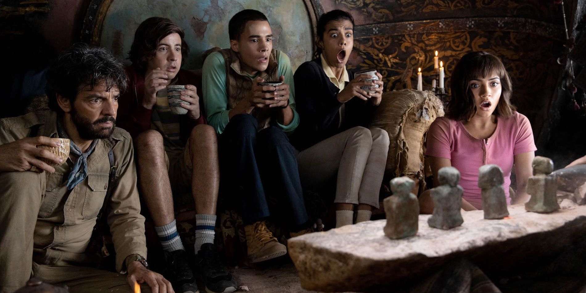 Eugenio Derbez, Nicholas Coombe, Jeff Wahlberg, Madeleine Madden and Isabela Moner in Dora and the Lost City of Gold