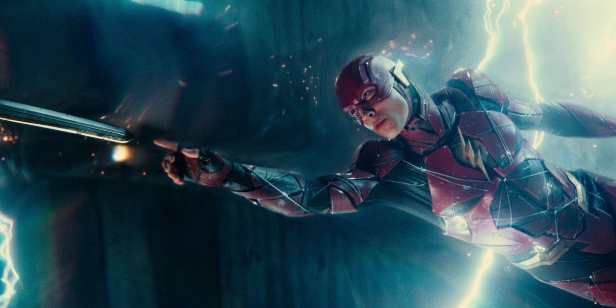 The Flash pushes Diana's sword with his finger in Justice League