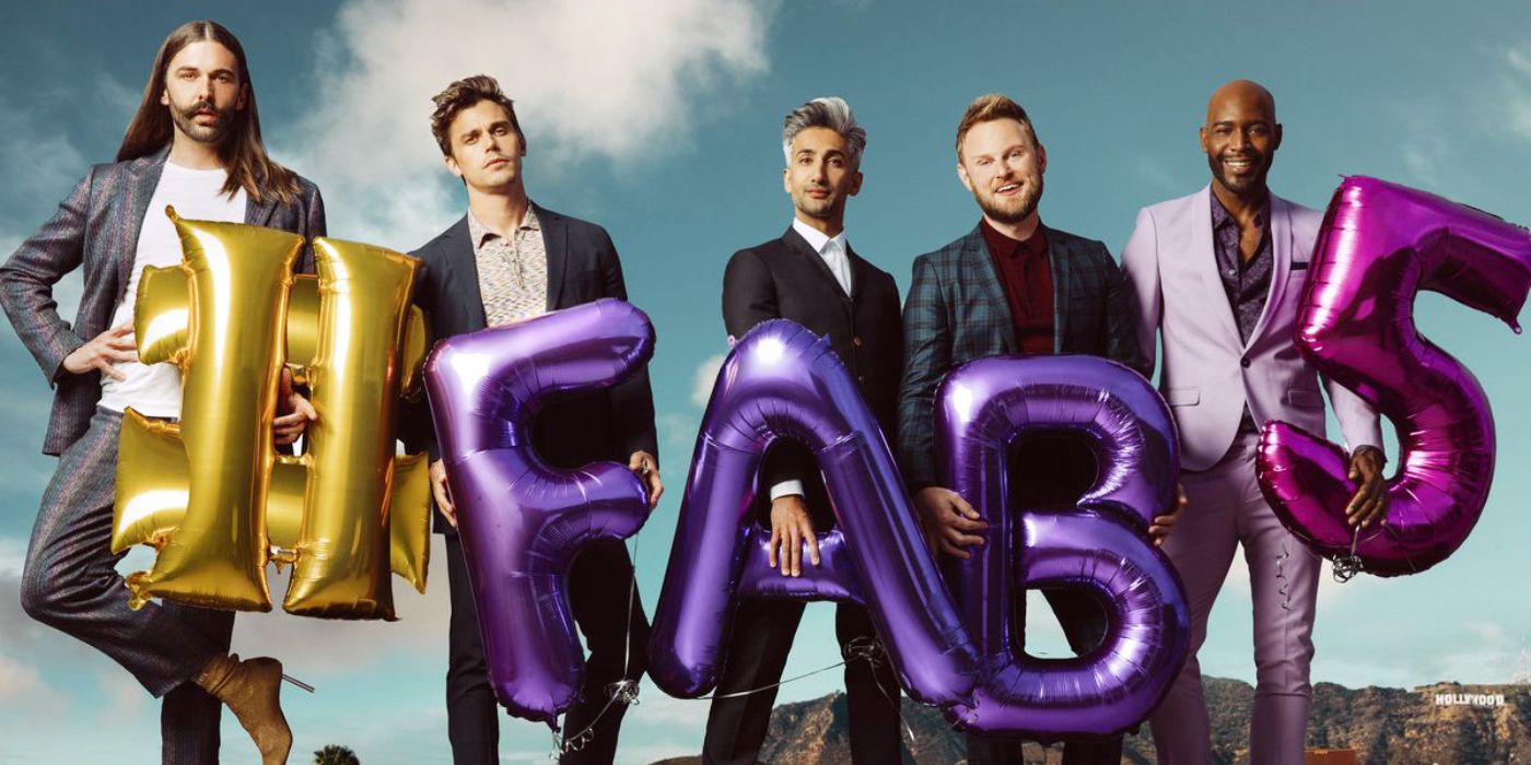 The Fab Five with balloons in Queer Eye