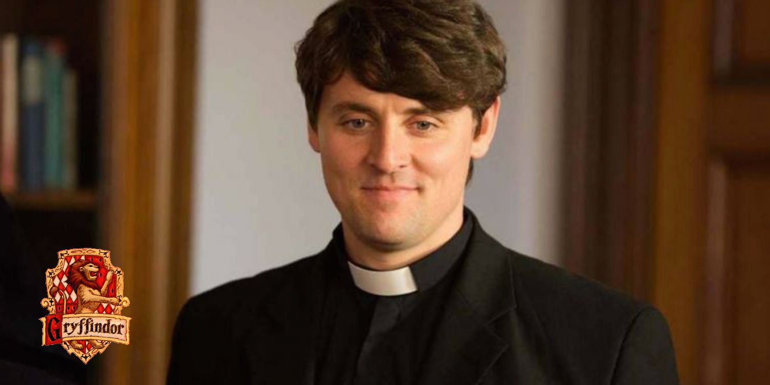 Father Peter in Derry Girls with a Hogwarts Gryffindor house crest in the lower left corner
