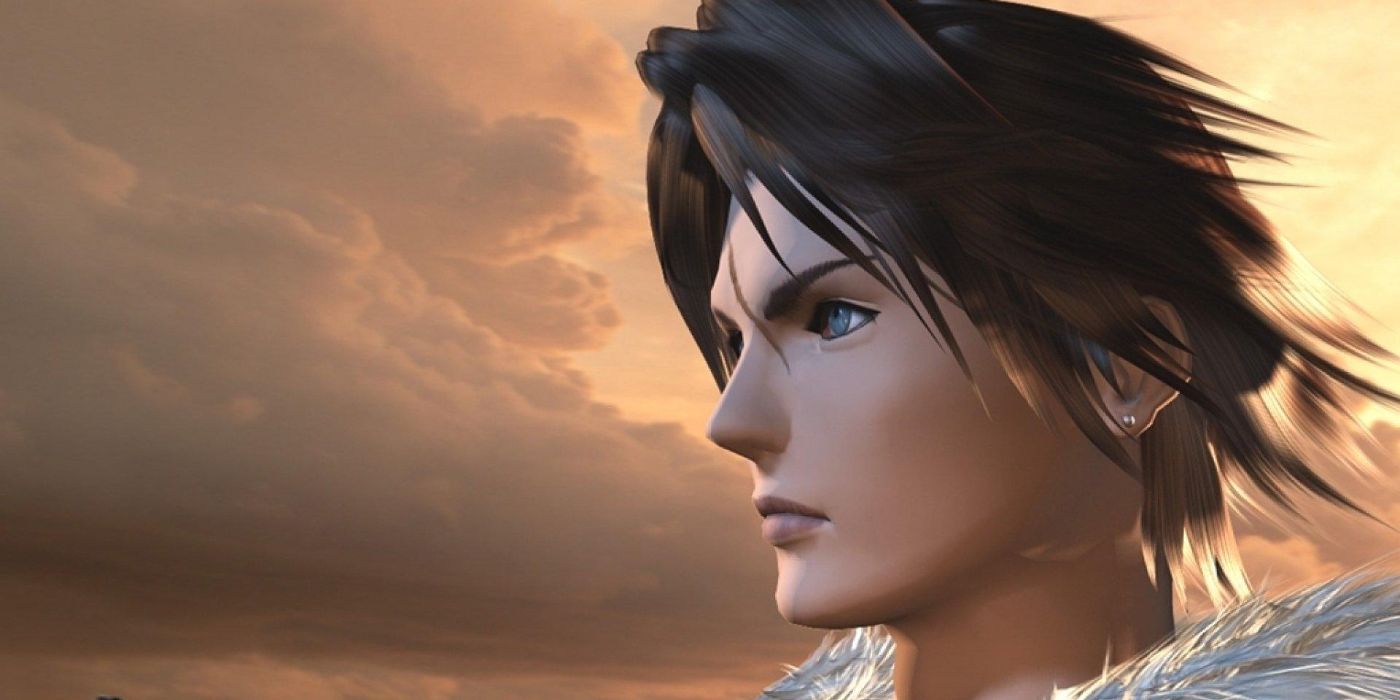 Final Fantasy 8's Squall Leonhart staring to the side while against a dusk background