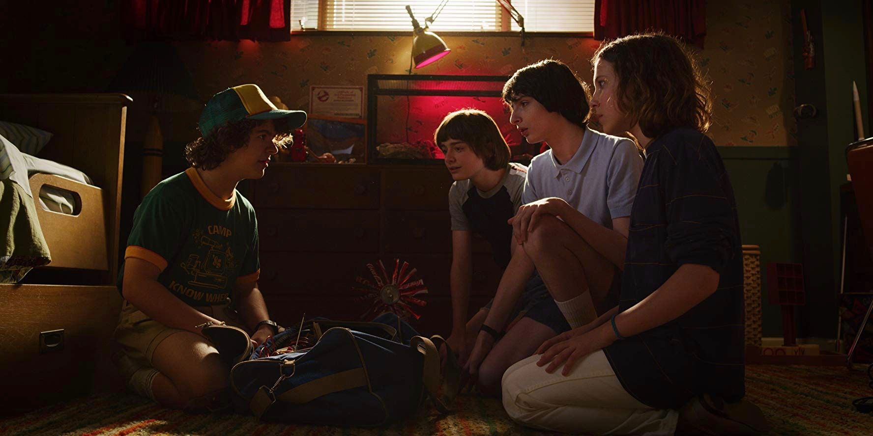 Finn Wolfhard, Millie Bobby Brown, Gaten Matarazzo, and Noah Schnapp as Mike, Eleven, Dustin, and Will in Stranger Things