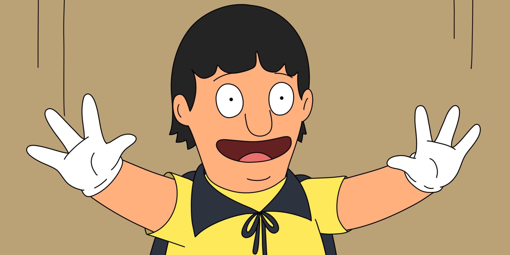 Gene Belcher wearing white gloves and cape and smiling in Bob's Burgers