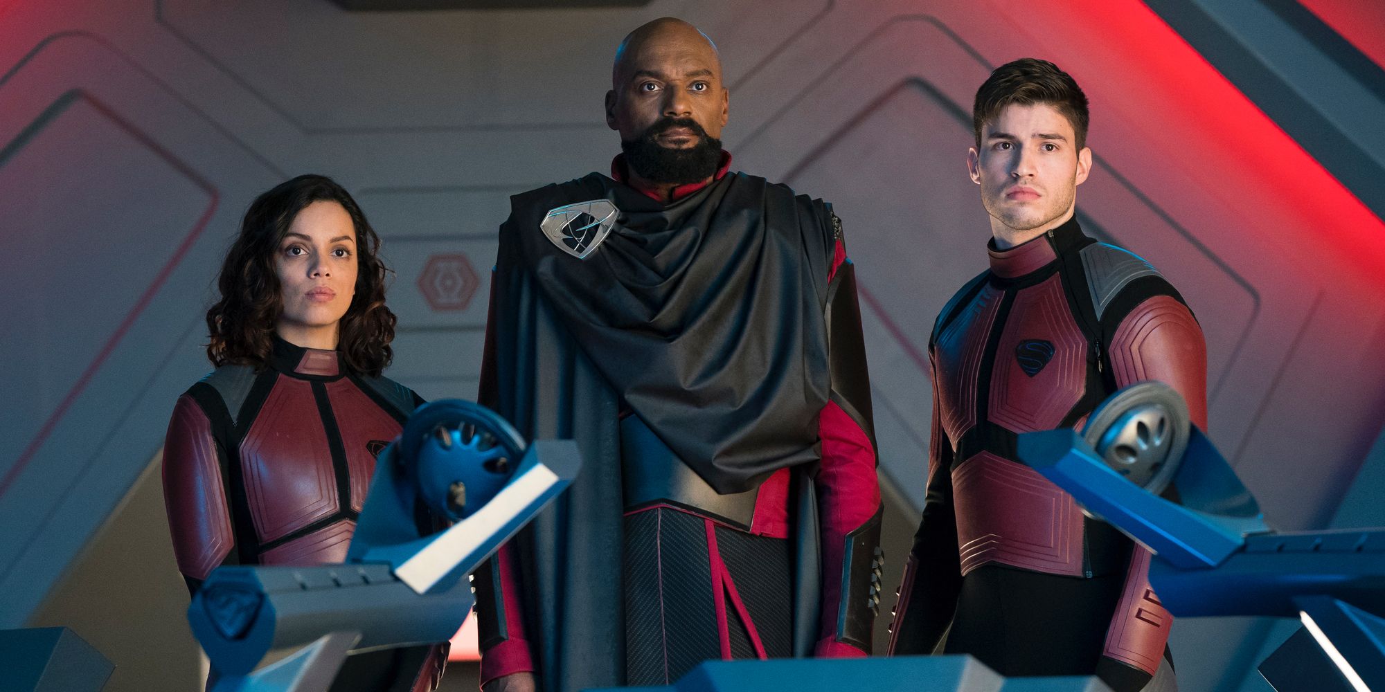 Georgina Campbell Colin Salmon and Cameron Cuffe in Krypton Season 2