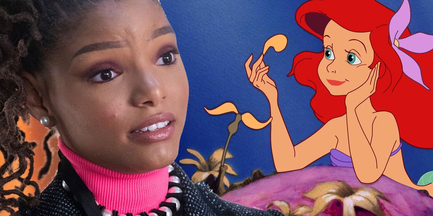 Halle Bailey next to The Little Mermaid animated
