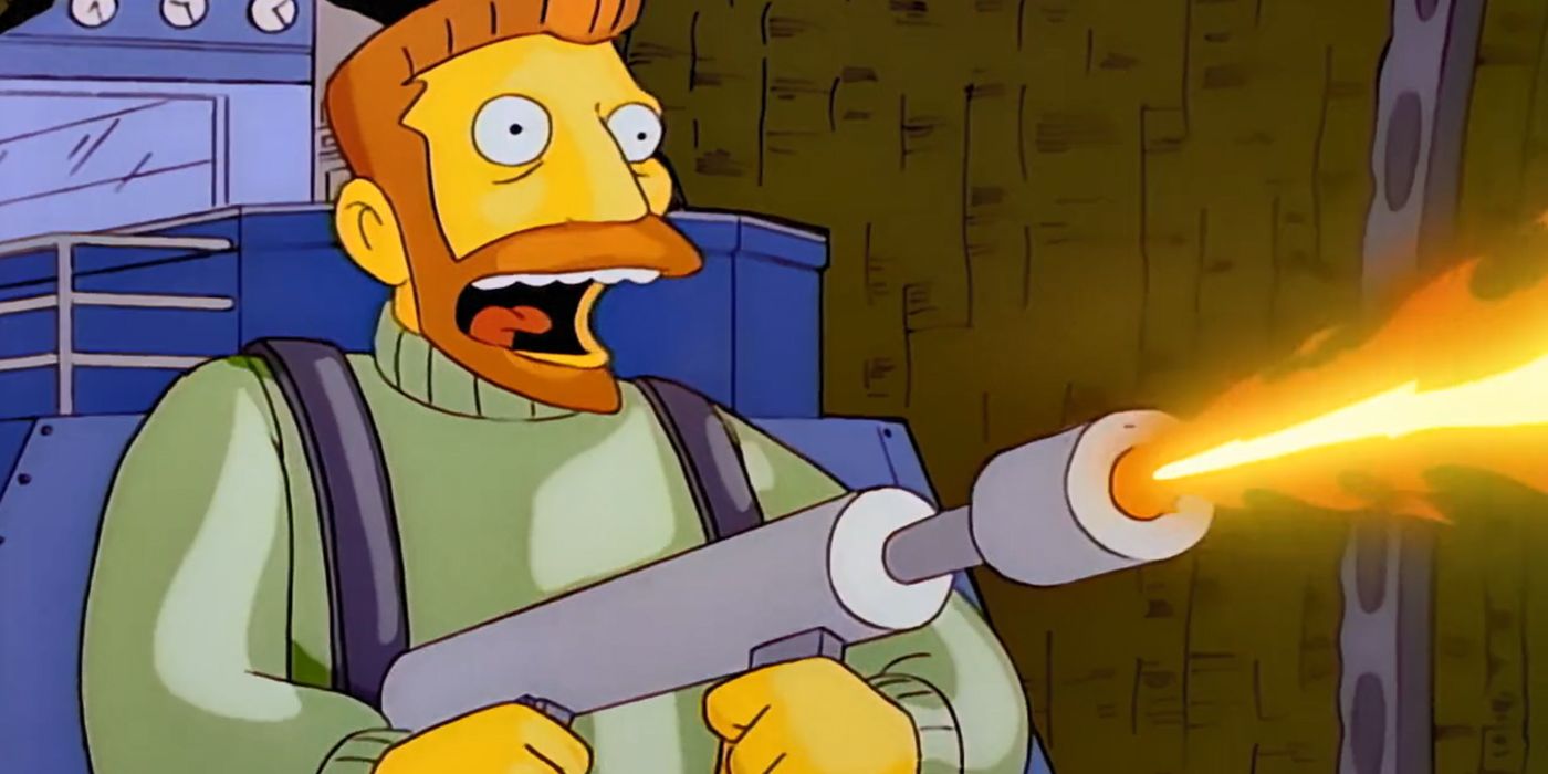 Hank Scorpio blasts his fire gun in The Simpsons.