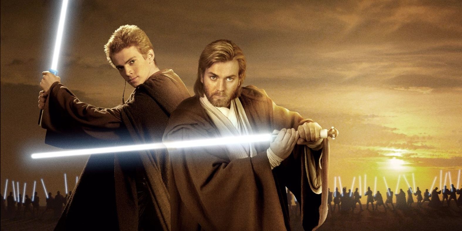 Hayden Christensen as Anakin Skywalker and Ewan McGregor as Obi-Wan Kenobi in Star Wars Attack of the Clones
