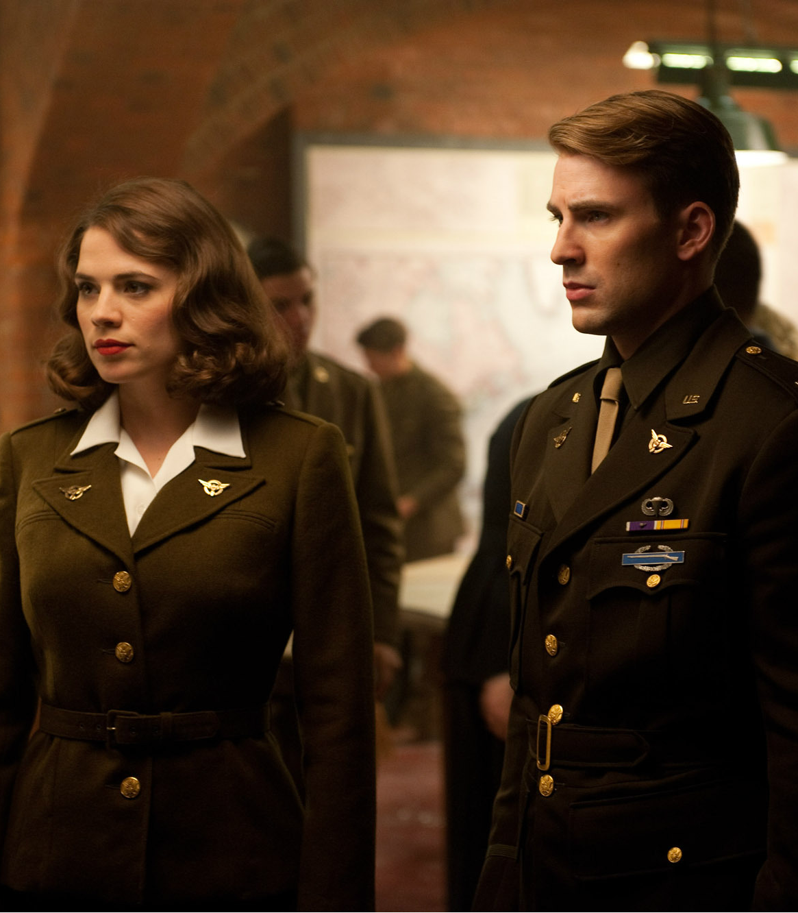 Hayley Atwell as Peggy Carter and Chris Evans as Steve Rogers in Captain America Vertical