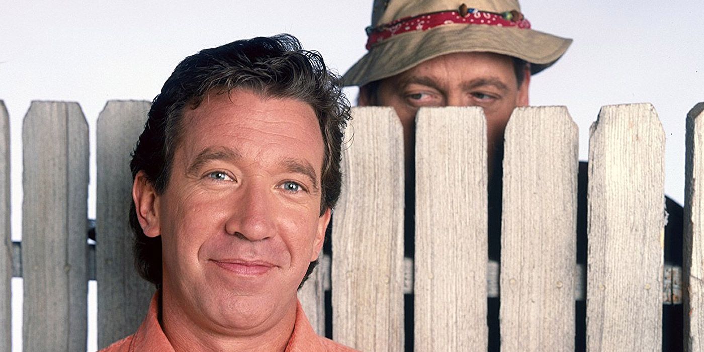 A promo shot of Tim Taylor with his neighbor Wilson in the background, from Home Improvement