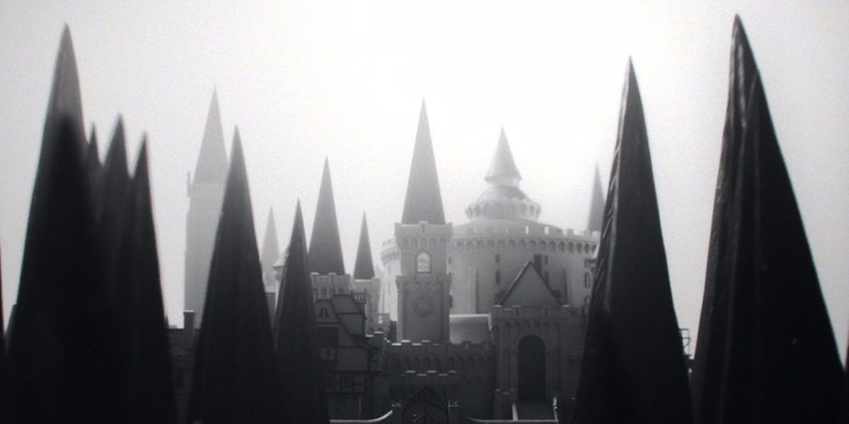 A black and white image of Ilvermorny, an American wizarding school.