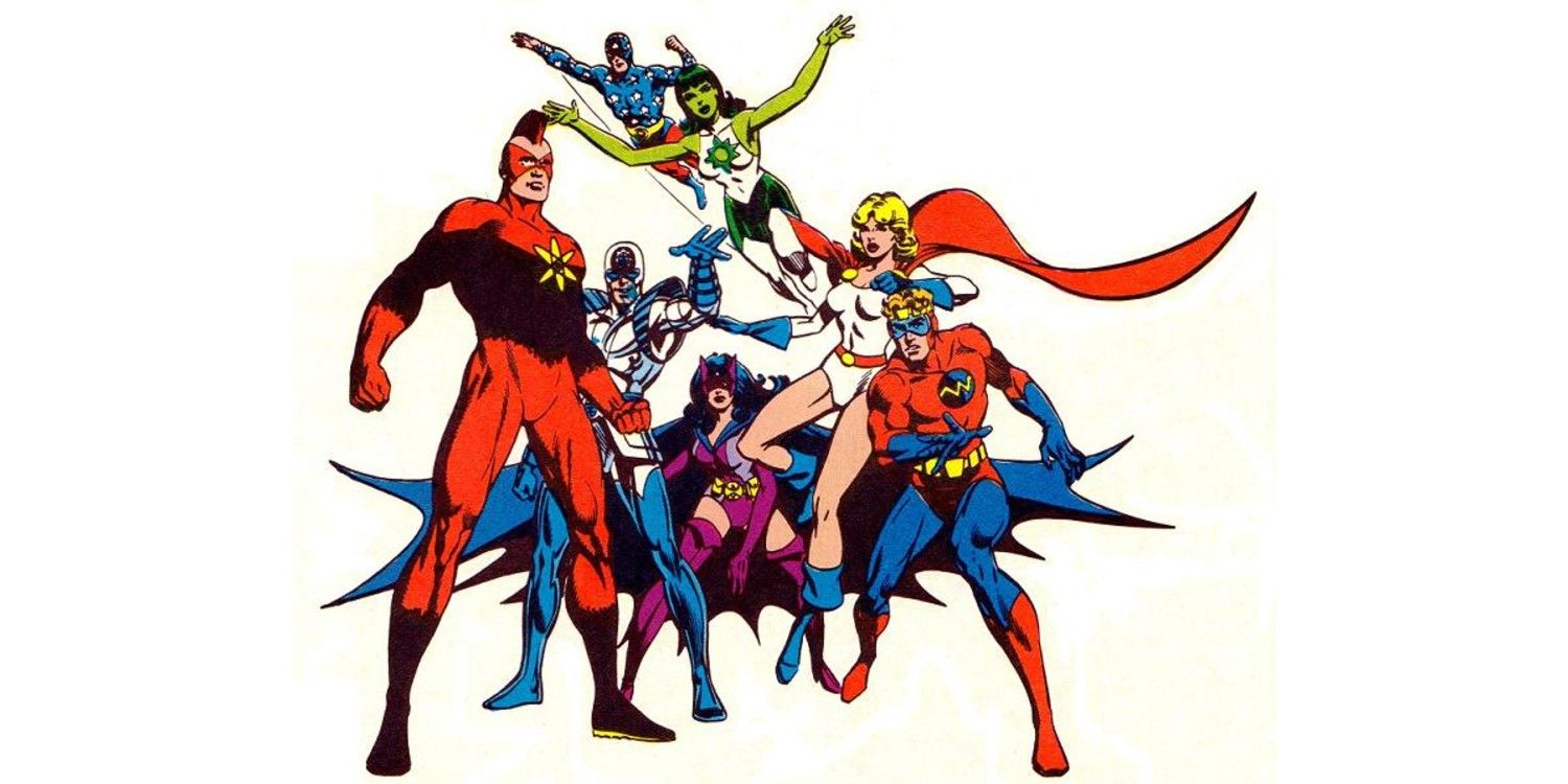 The Infinity Inc. team poses as Jade flies above them in a panel from DC Comics.
