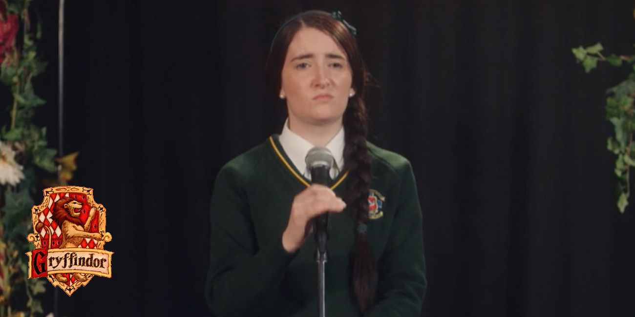 Jenny Joyce in Derry Girls with a Hogwarts Gryffindor house crest in the lower left corner