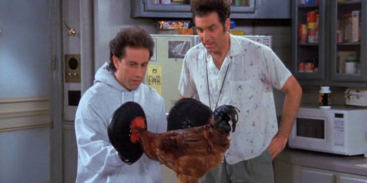 Jerry and Kramer with pet rooster on Seinfeld