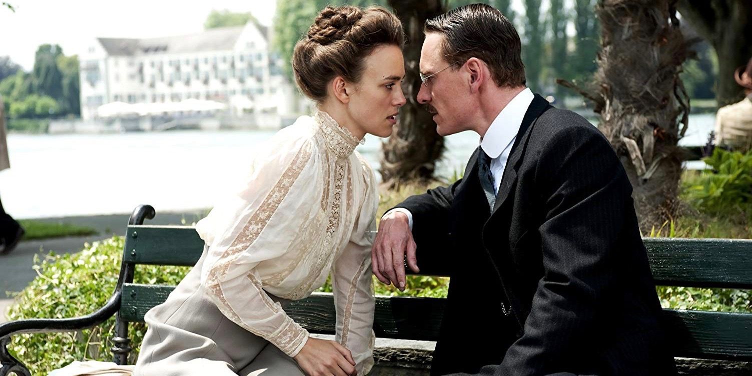 Sabina and Carl about to kiss in A Dangerous Method