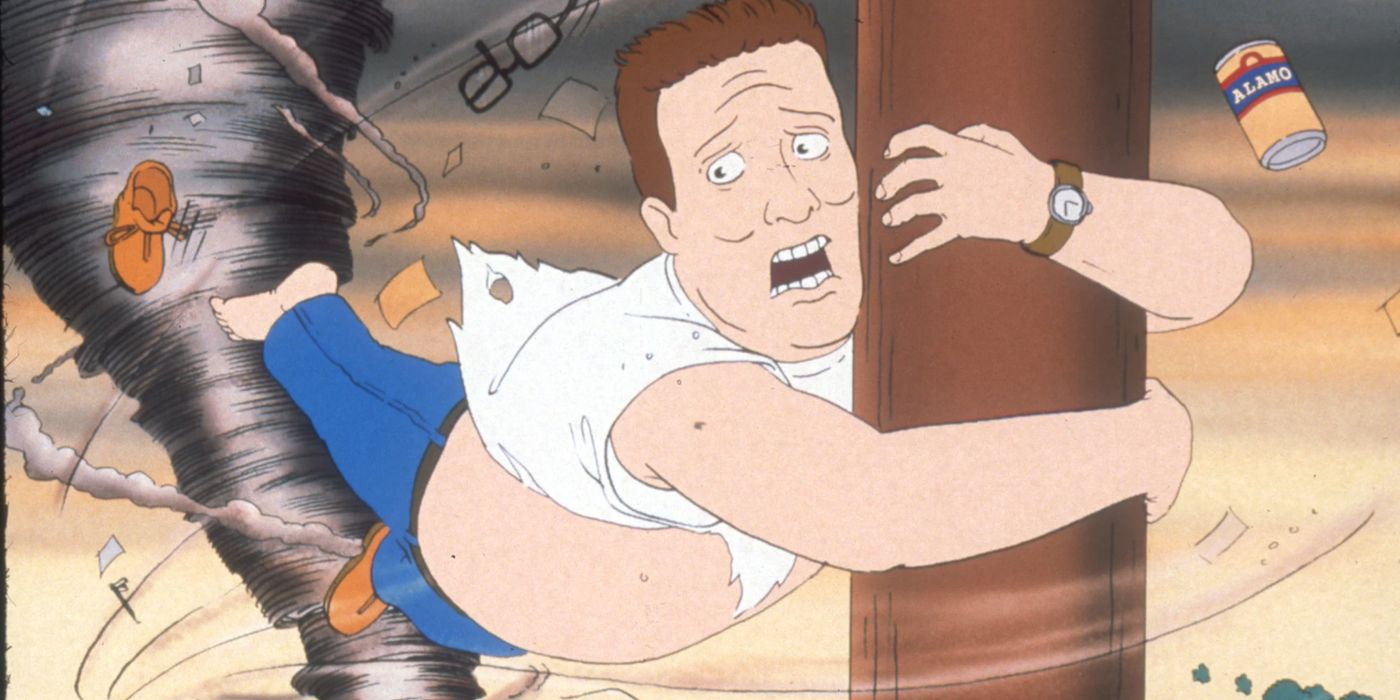 Hank holding onto a pole in a tornado in King of the Hill