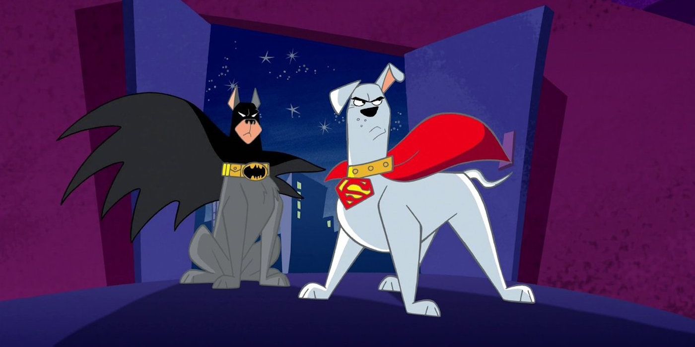 Krypto the Superdog prepares for a mission with Ace the Bat-Hound