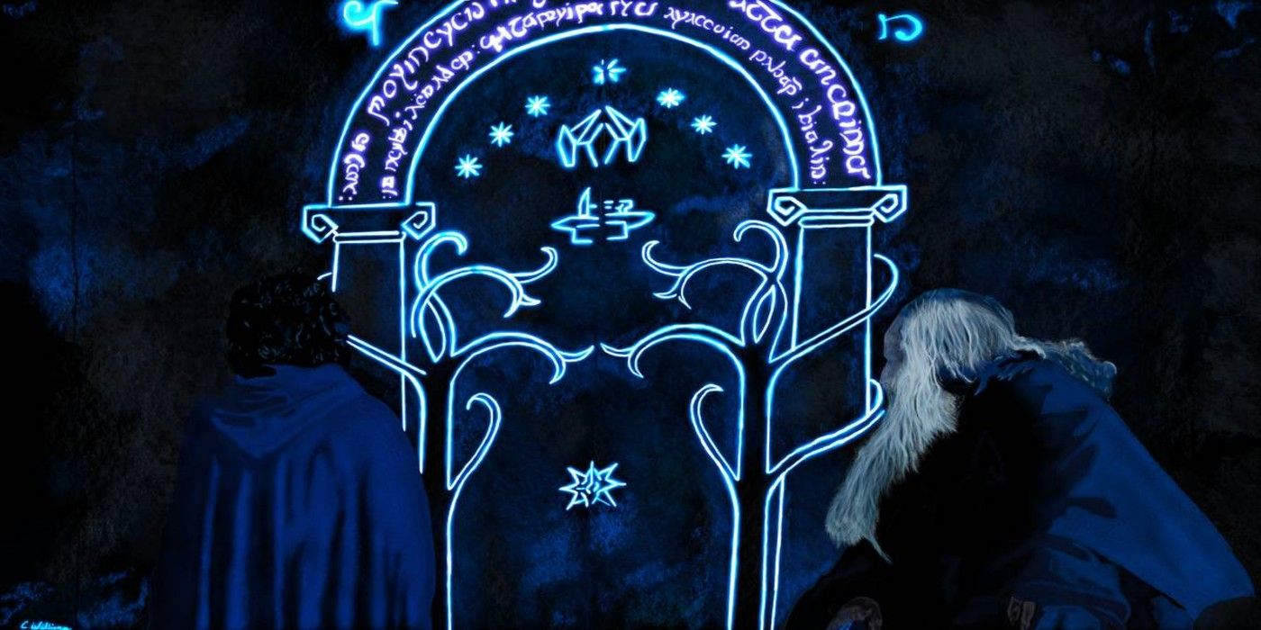 The entrance to moria lit up in Elvish script in The Lord of the Rings