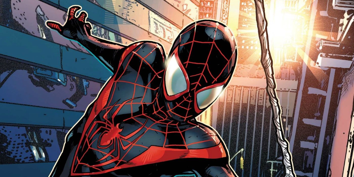 Miles Morales swing through New York City in Marvel Comics.