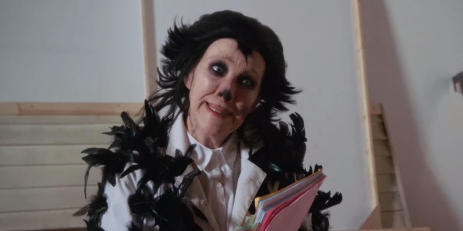 Moira (Catherine O'Hara) dressed as a crow and acting in Schitts Creek