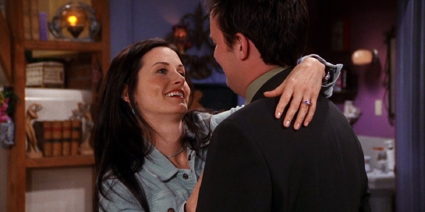Monica with her arms around Chandler in Friends.
