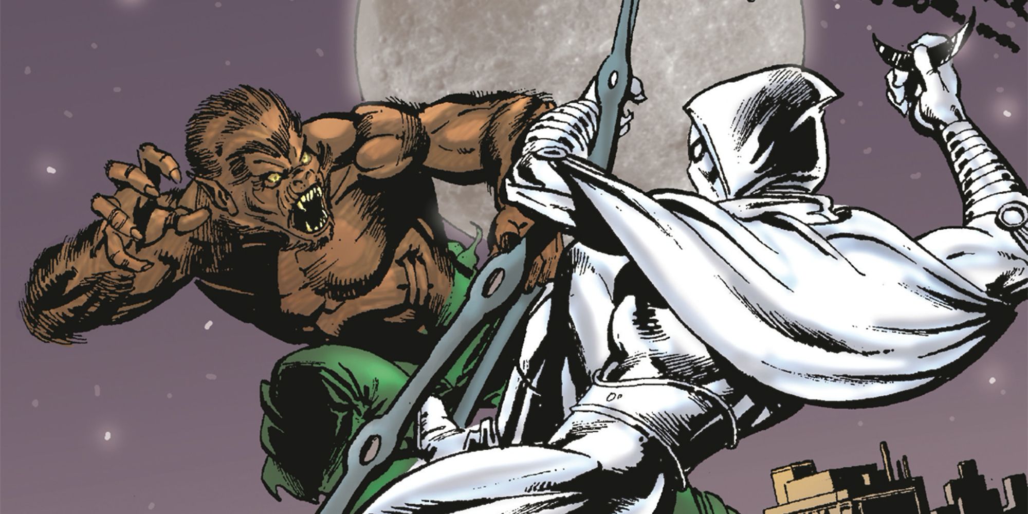 Moon Knight battling Werewolf By Night in Marvel comics