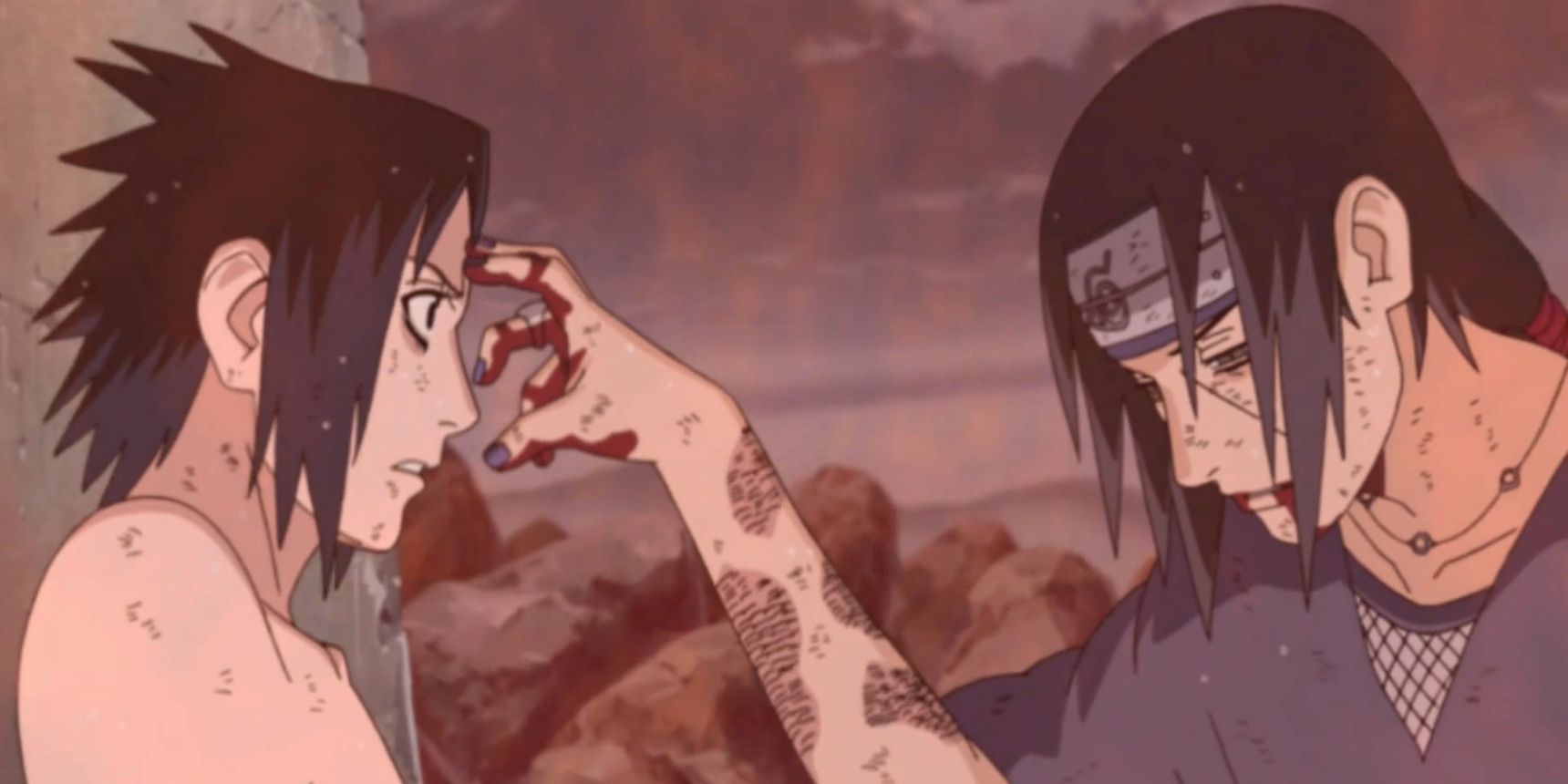 A beat up Itachi pokes Sasuke's forehead in Naruto Shippuden The End Episode 138